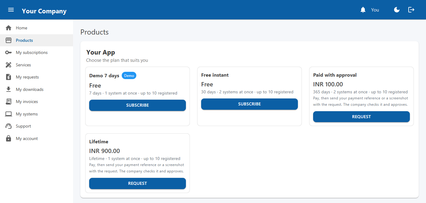 A customer's view of a product with demo, free and paid plans to subscribe to